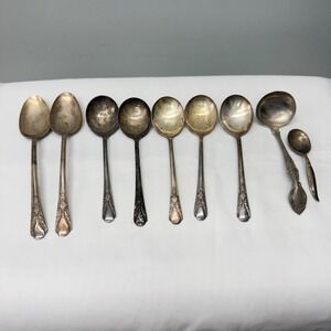 9pc Wm Rogers Silverplate Spoons Set Gravy Ladle Mismatched Vintage Flatware